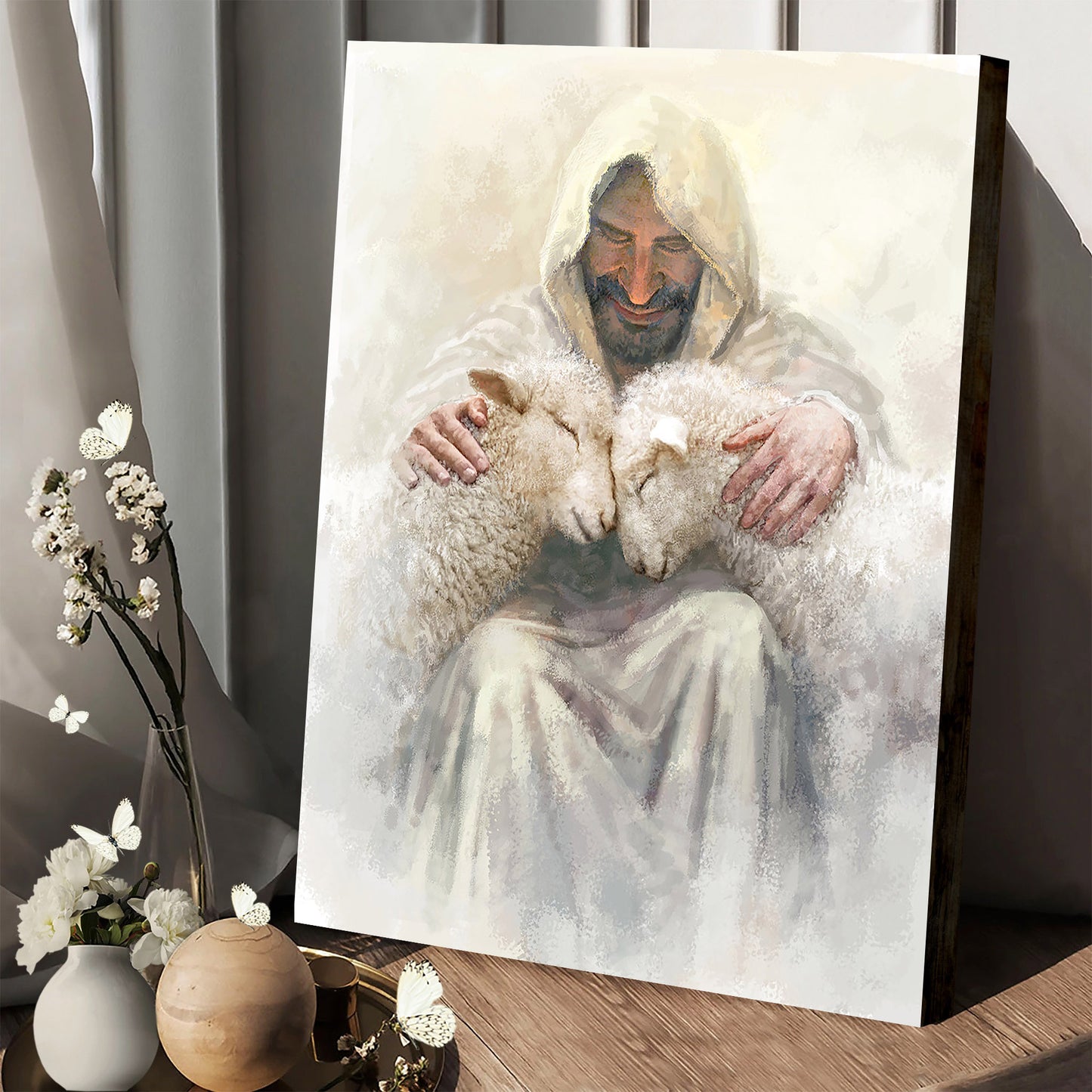 Jesus And The Lamb Picture - Love Is Portrait Canvas Wall Art - Christian Wall Decor