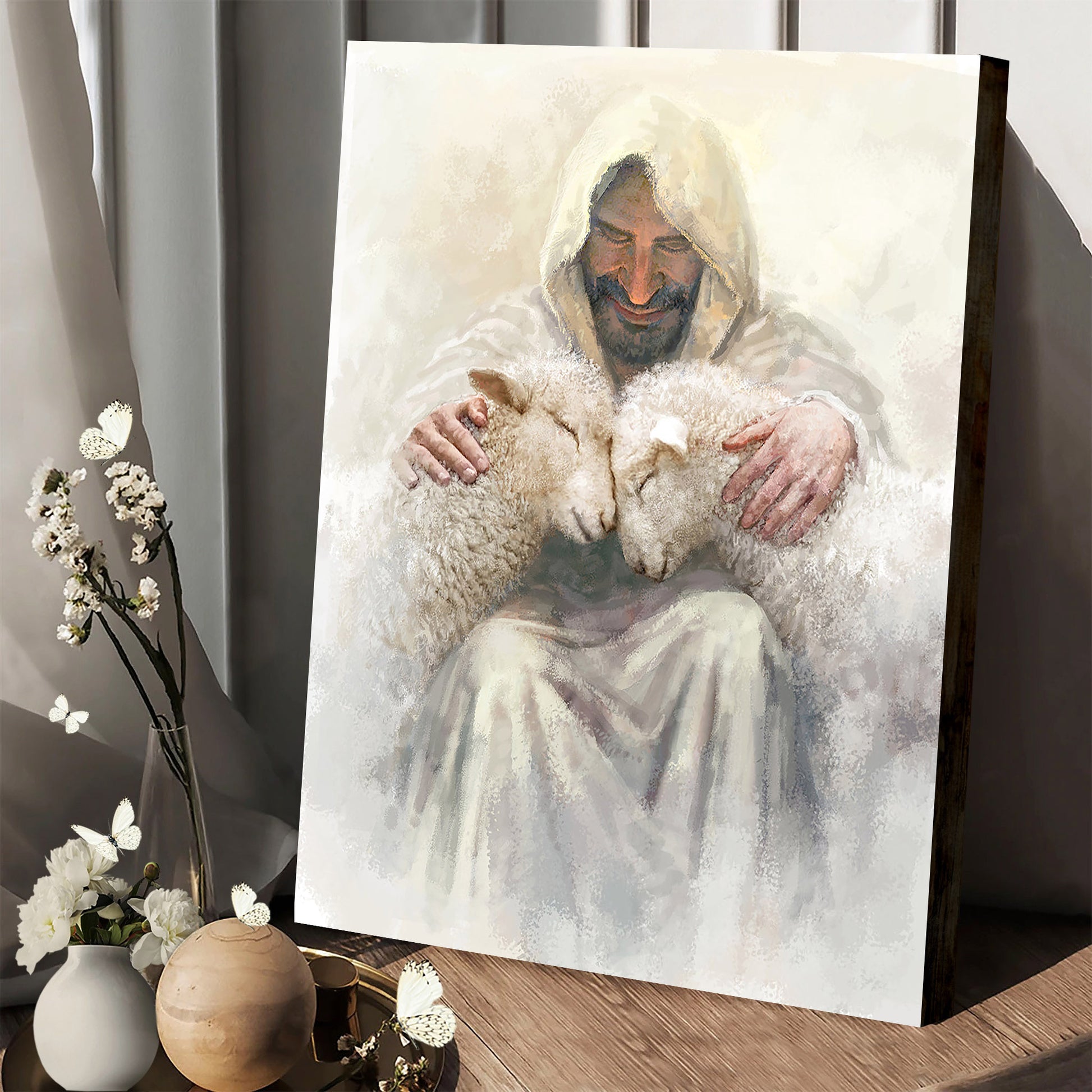 Jesus And The Lamb Picture - Love Is Portrait Canvas Wall Art - Christian Wall Decor