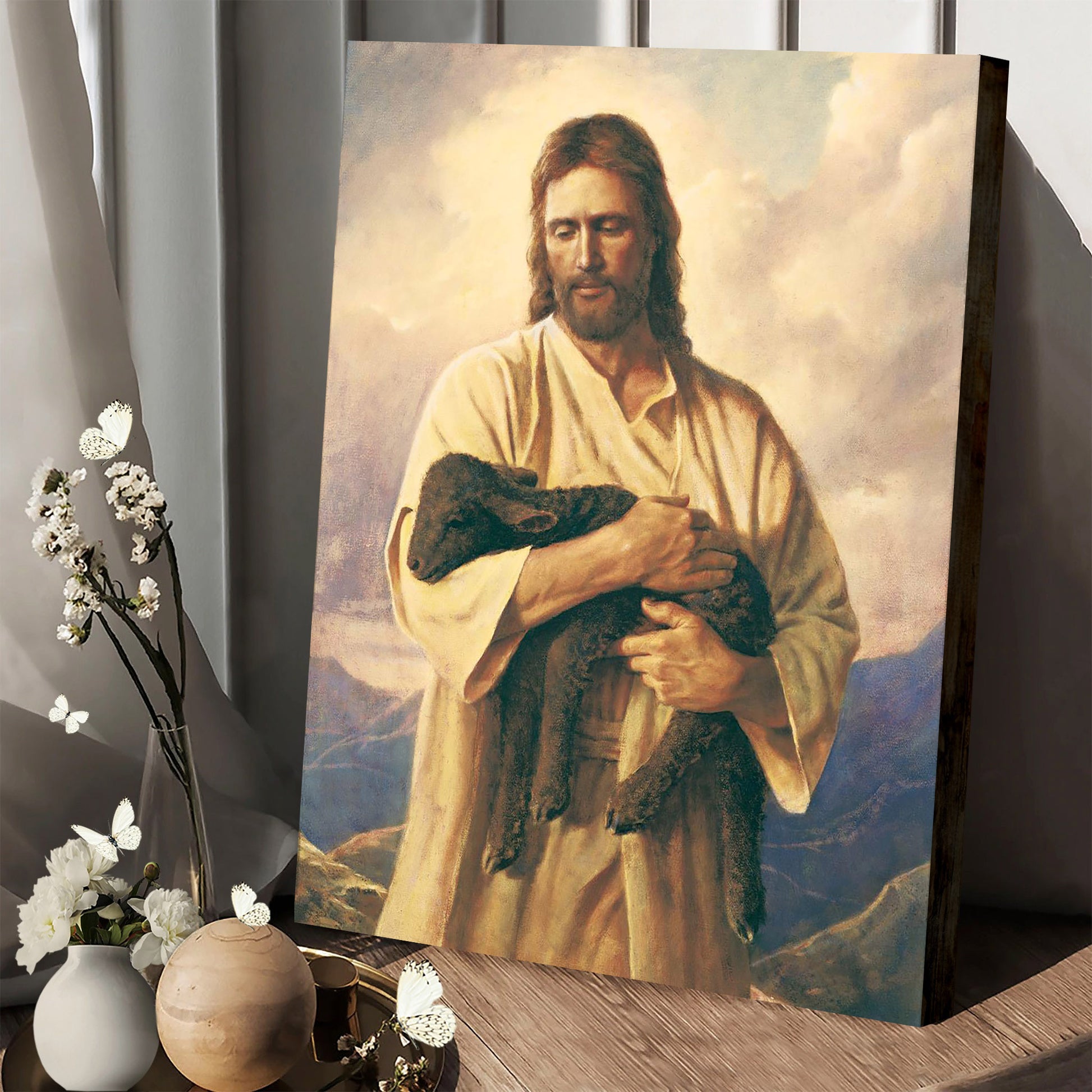Jesus And The Lamb Picture - Ones Lost Portrait Canvas Wall Art - Christian Wall Decor