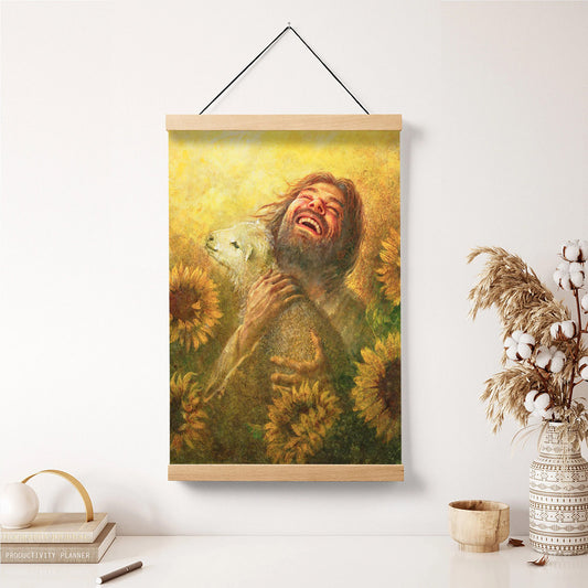 Jesus And The Lamb Picture - Seeds Of Joy Portrait Hanging Canvas Wall Art - Christian Wall Decor - Religious Canvas