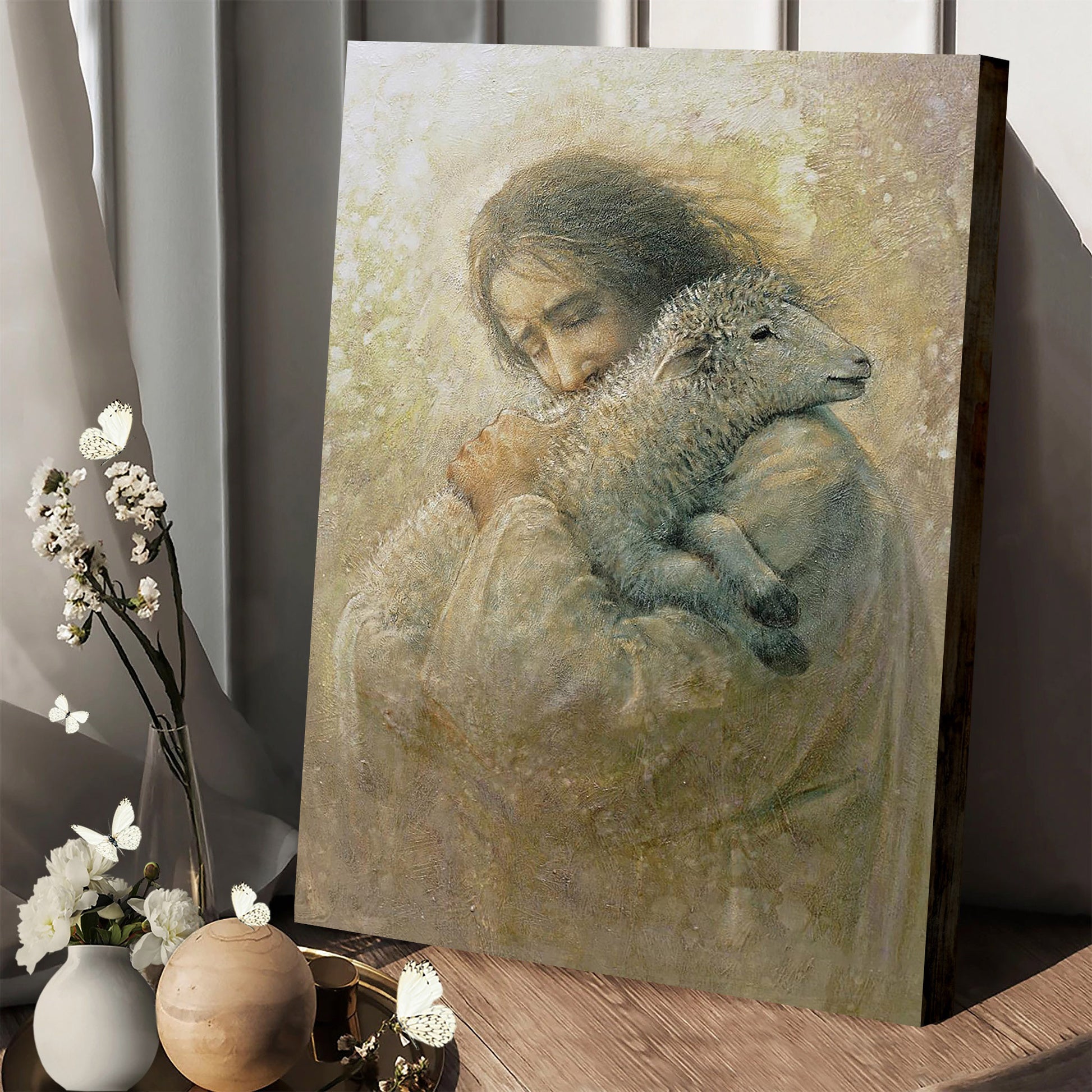 Jesus And The Lamb Picture - The Shepherd's Care Portrait Canvas Wall Art - Christian Wall Decor