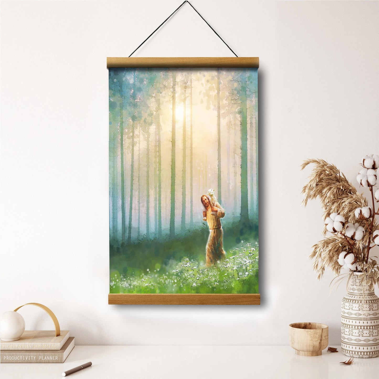 Jesus And The Lamb Picture - Upon His Shoulders Portrait Hanging Canvas Wall Art - Christian Wall Decor - Religious Canvas