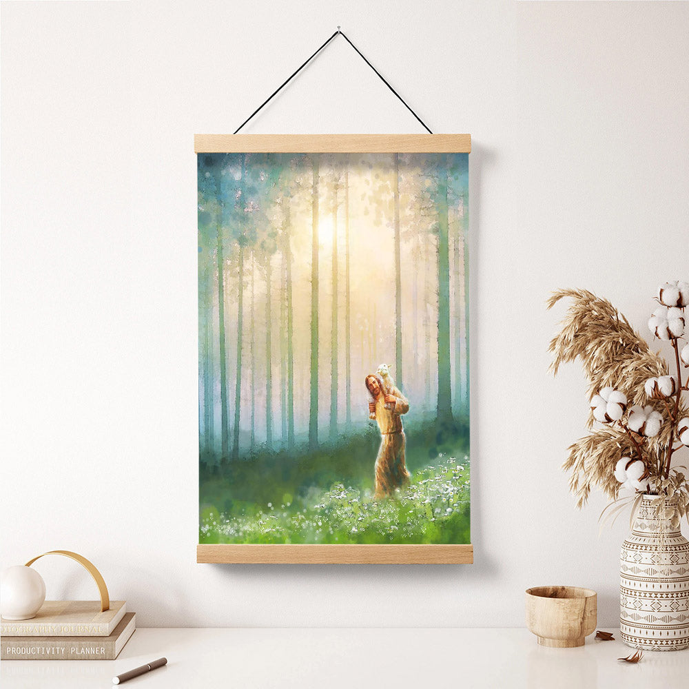 Jesus And The Lamb Picture - Upon His Shoulders Portrait Hanging Canvas Wall Art - Christian Wall Decor - Religious Canvas