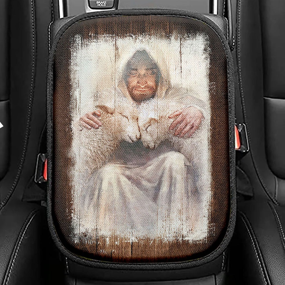 Jesus And The Lambs Seat Box Cover, Jesus Portrait Car Center Console Cover, Christian Car Interior Accessories