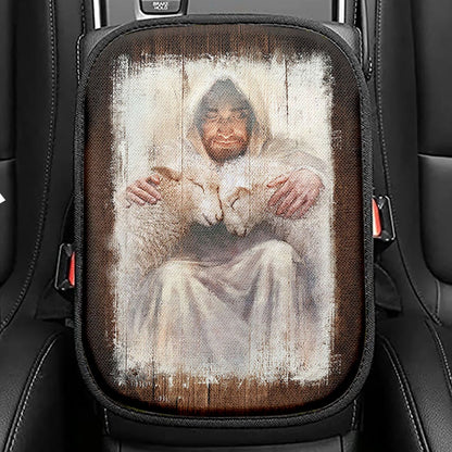 Jesus And The Lambs Seat Box Cover, Jesus Portrait Car Center Console Cover, Christian Car Interior Accessories