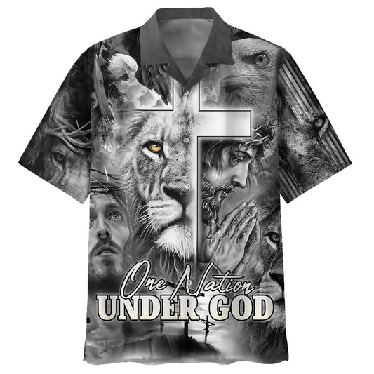 Jesus And The Lion Of Judah Hawaiian Shirt For Men - One Nation Under God Hawaiian Shirts - Christian Hawaiian Shirt