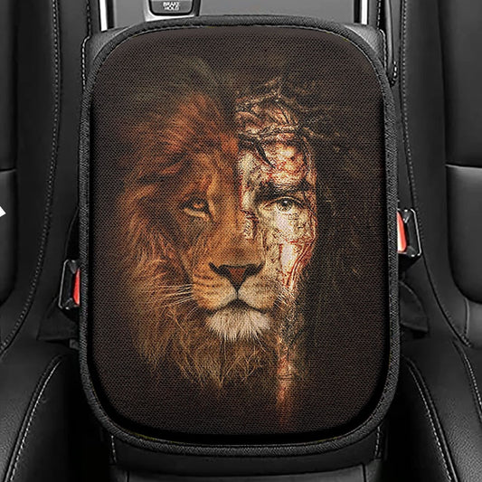 Jesus And The Lion Of Judah Seat Box Cover, Christian Car Center Console Cover, Religious Car Interior Accessories