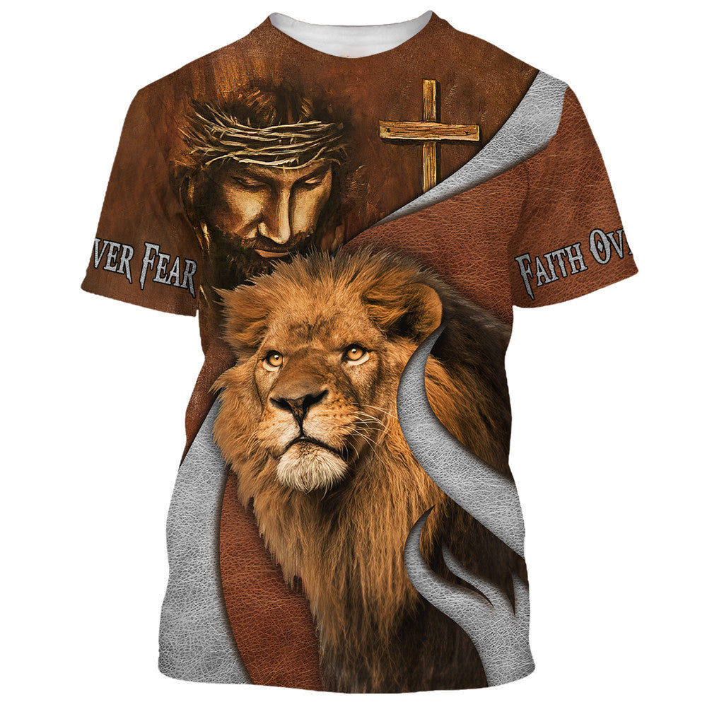 Jesus And The Lion Of Judah Shirts - Faith Over Fear 3D All Over Printed Shirt for Men and Women