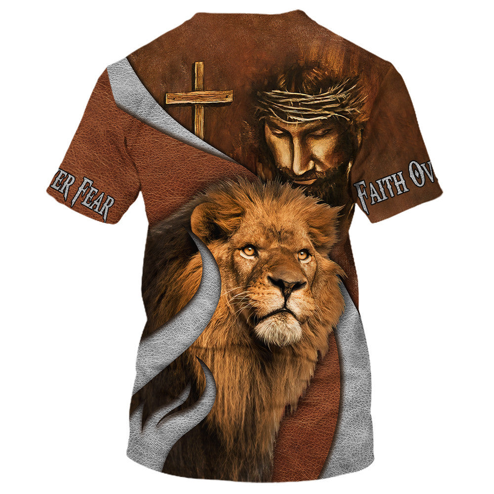 Jesus And The Lion Of Judah Shirts - Faith Over Fear 3D All Over Printed Shirt for Men and Women