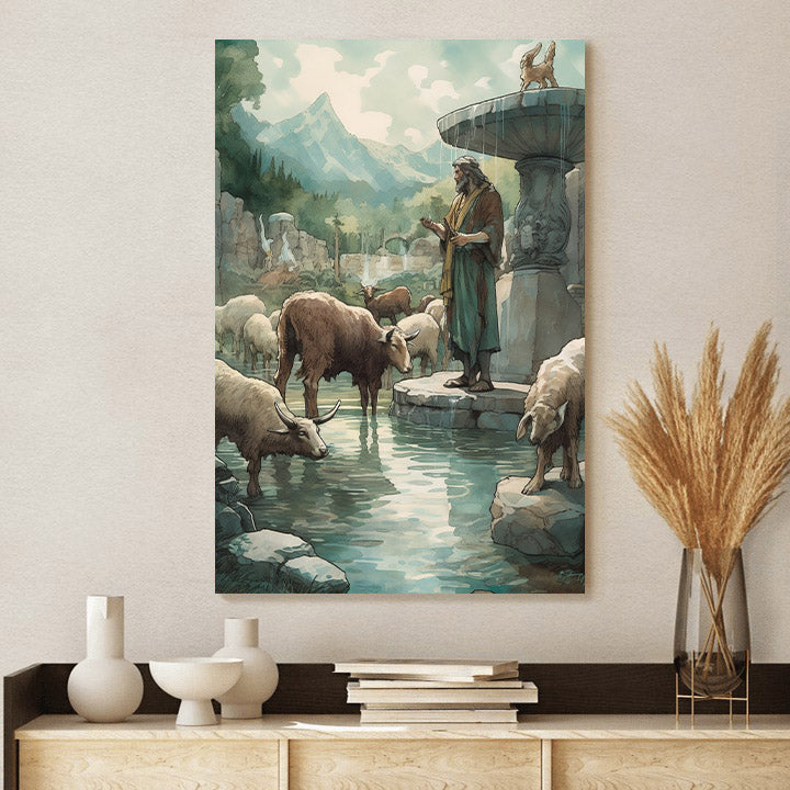 Jesus And The Sheep By The Fountain Water Fine 1 - Canvas Picture - Jesus Christ Canvas - Christian Wall Art