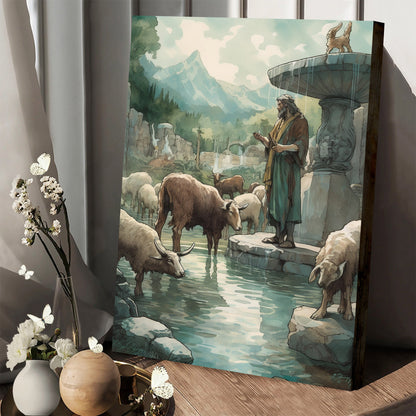 Jesus And The Sheep By The Fountain Water Fine 1 - Canvas Picture - Jesus Christ Canvas - Christian Wall Art