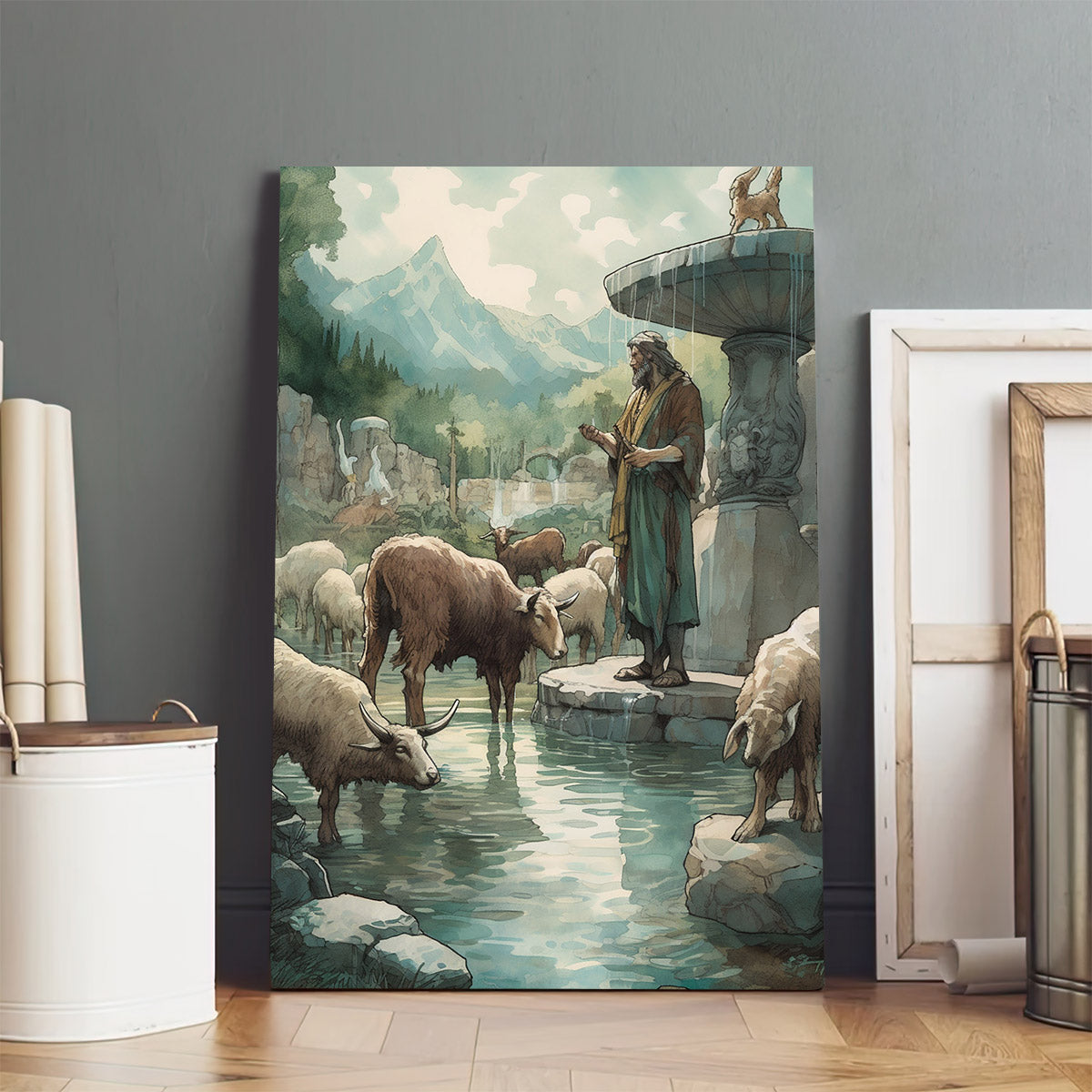Jesus And The Sheep By The Fountain Water Fine 1 - Canvas Picture - Jesus Christ Canvas - Christian Wall Art