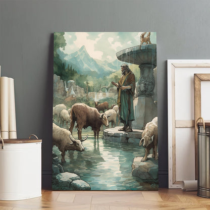 Jesus And The Sheep By The Fountain Water Fine 1 - Canvas Picture - Jesus Christ Canvas - Christian Wall Art