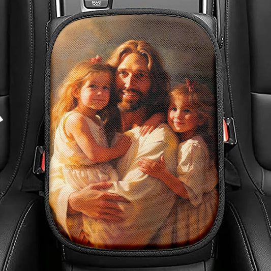 Jesus And Two Little Girls Seat Box Cover, Jesus Car Center Console Cover, Christian Car Interior Accessories