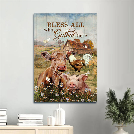 Jesus Animal Drawing Daisy Field Rooster Painting Bless All Who Gather Here Canvas Wall Art - Christian Gift