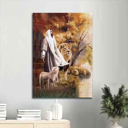 Jesus Animal Of God Stunning Lion White Lamb Autumn Forest Canvas Wall Art - Christian Gift
