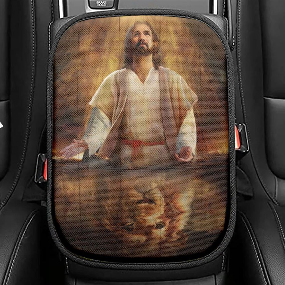 Jesus Artwork, Lion Of Judah, Yellow Halo Car Center Console Cover, Christian Armrest Seat Cover, Bible Seat Box Cover