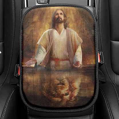 Jesus Artwork, Lion Of Judah, Yellow Halo Car Center Console Cover, Christian Armrest Seat Cover, Bible Seat Box Cover