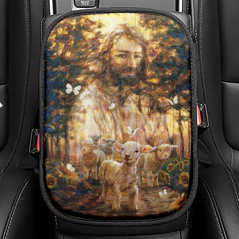 Jesus Artwork, Magic Forest, Little Lamb Painting Car Center Console Cover, Christian Armrest Seat Cover, Bible Seat Box Cover