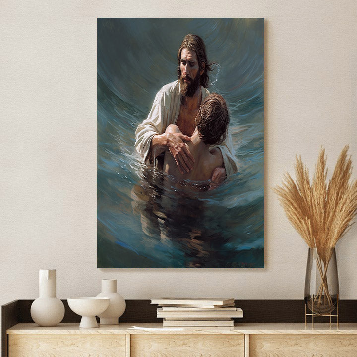 Jesus As He Holds Up The Man In The Water - Canvas Pictures - Jesus Christ Canvas - Christian Wall Art