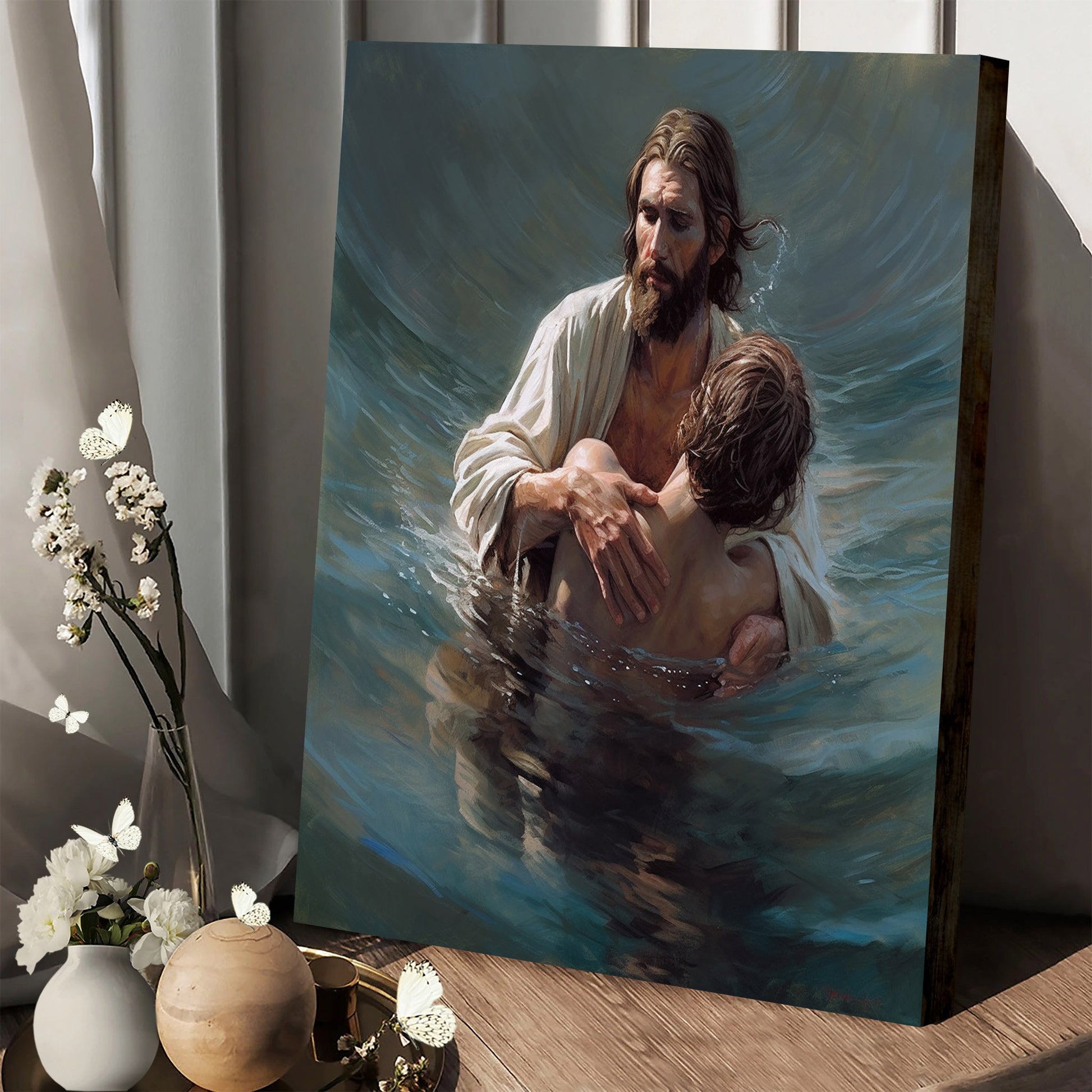 Jesus As He Holds Up The Man In The Water - Canvas Pictures - Jesus Christ Canvas - Christian Wall Art
