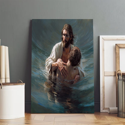 Jesus As He Holds Up The Man In The Water - Canvas Pictures - Jesus Christ Canvas - Christian Wall Art
