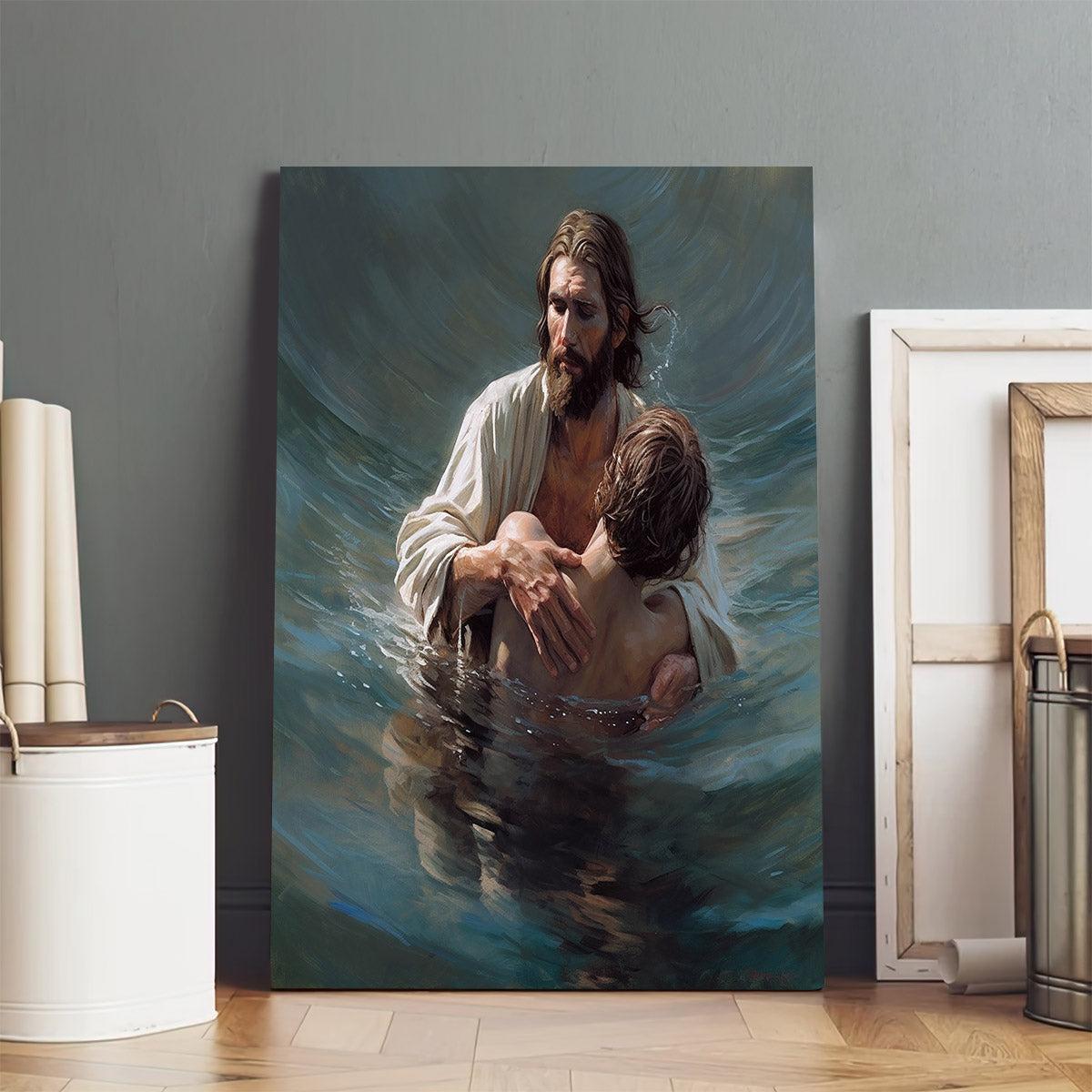 Jesus As He Holds Up The Man In The Water - Canvas Pictures - Jesus Christ Canvas - Christian Wall Art