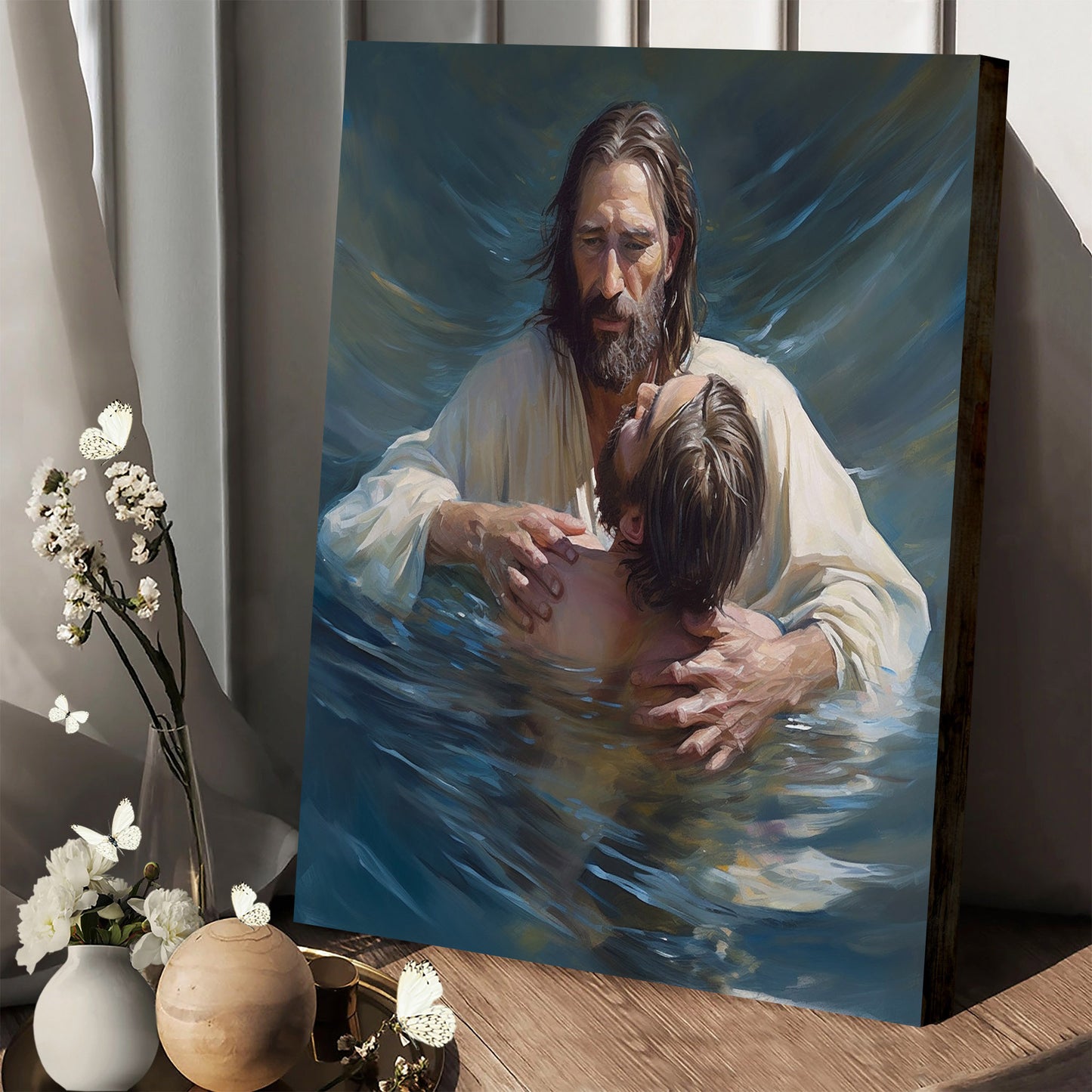 Jesus As He Holds Up The Man In The Water 2 - Canvas Pictures - Jesus Christ Canvas - Christian Wall Art