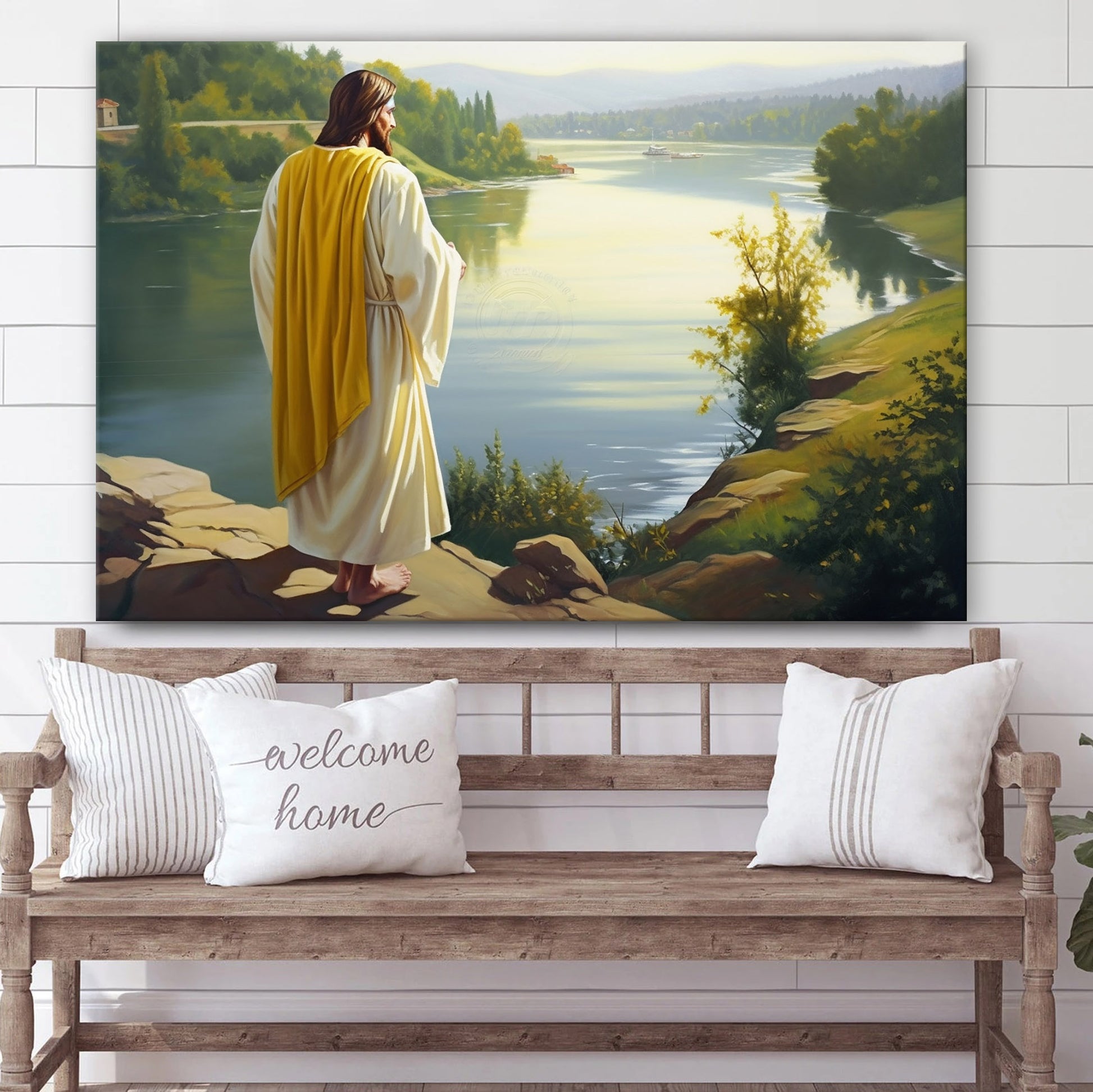 Jesus At Lakeside As We Look Down At The River - Canvas Picture - Jesus Christ Canvas - Christian Wall Art