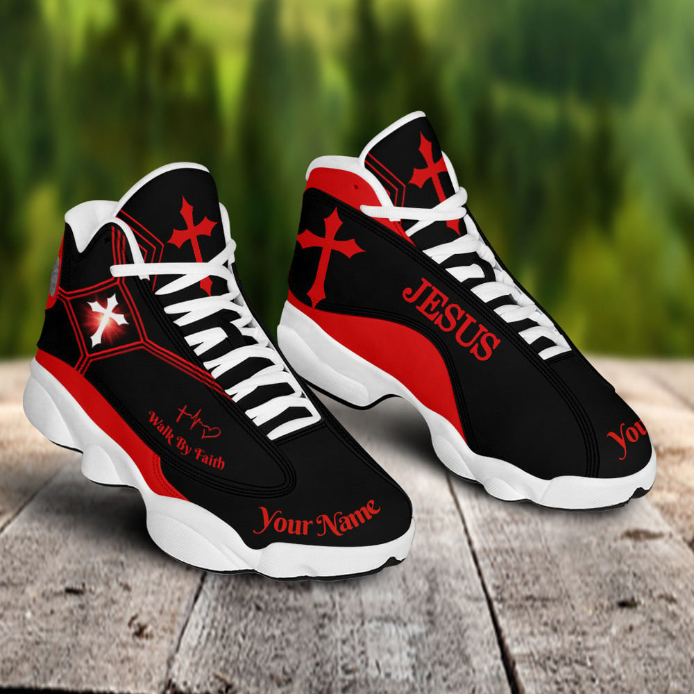 Jesus Basic Walk By Faith J13 Shoes Black And Red - Personalized Name Faith Shoes - Jesus Shoes
