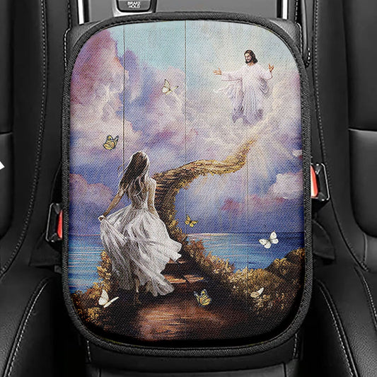 Jesus Beautiful Girl Path To Heaven Seat Box Cover, Christian Car Center Console Cover, Religious Car Interior Accessories