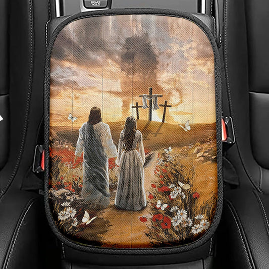 Jesus Beautiful Girl Sunset Lion Poppy Flower Seat Box Cover, Christian Car Center Console Cover, Bible Verse Car Interior Accessories