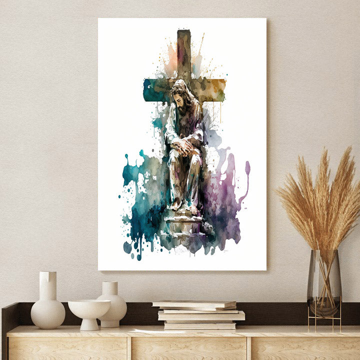 Jesus Before The Cross In Watercolor 1 - Canvas Pictures - Jesus Canvas Art - Christian Wall Art