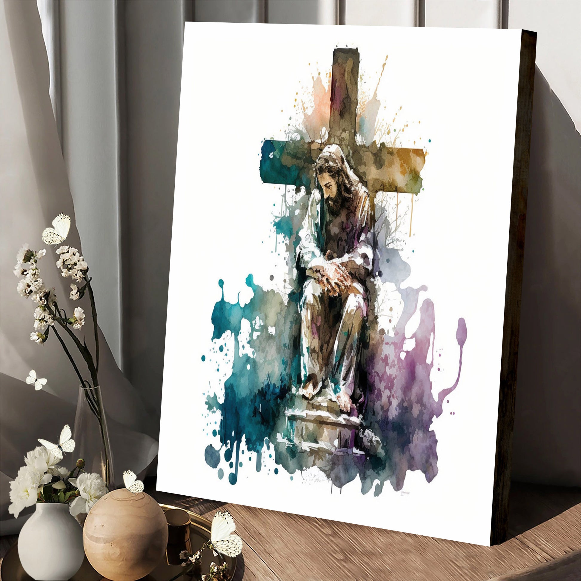 Jesus Before The Cross In Watercolor 1 - Canvas Pictures - Jesus Canvas Art - Christian Wall Art