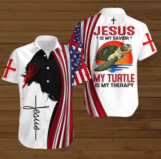Jesus Bible Cross Jesus Is My Savior My Turtle Is My Therapy Hawaiian Shirt - Christian Hawaiian Shirts For Men & Women