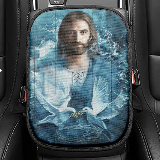 Jesus Bird Couple Blue Water Seat Box Cover, Jesus Christ Car Center Console Cover, Christian Car Interior Accessories