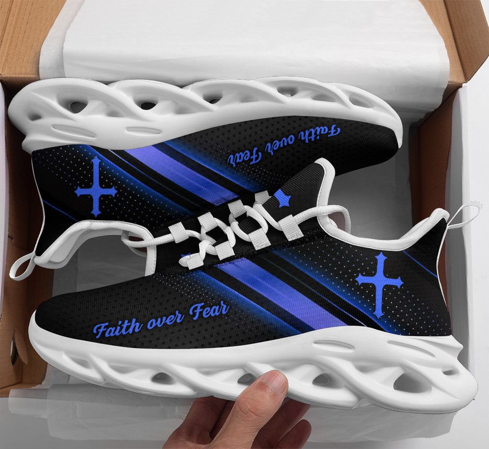 Jesus Black Blue Faith Over Fear Yezy Running Sneakers Max Soul Shoes - Christian Shoes For Men And Women