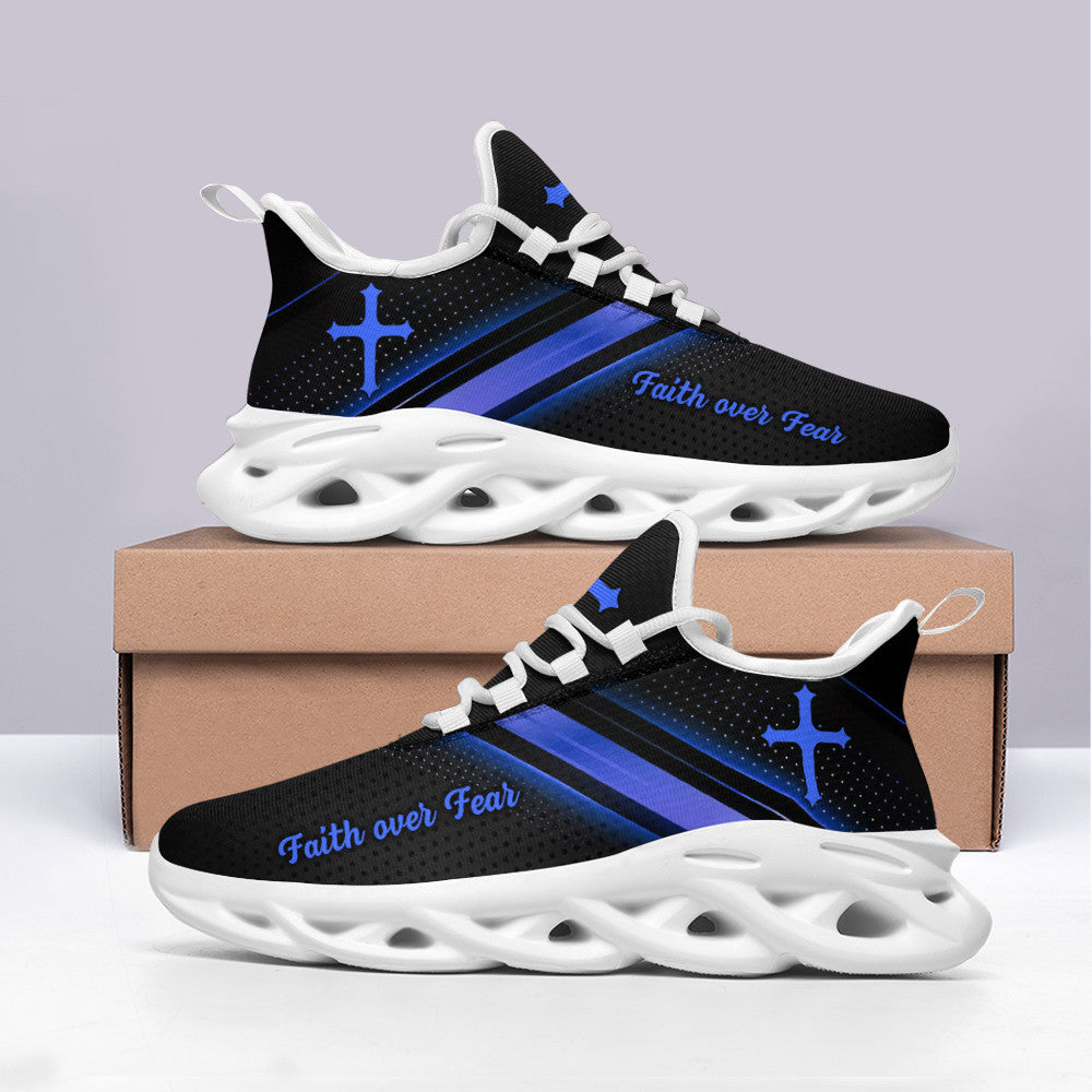 Jesus Black Blue Faith Over Fear Yezy Running Sneakers Max Soul Shoes - Christian Shoes For Men And Women