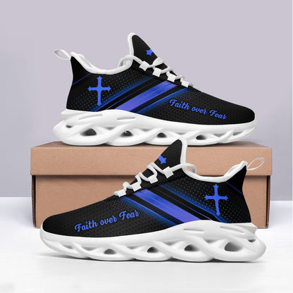 Jesus Black Blue Faith Over Fear Yezy Running Sneakers Max Soul Shoes - Christian Shoes For Men And Women