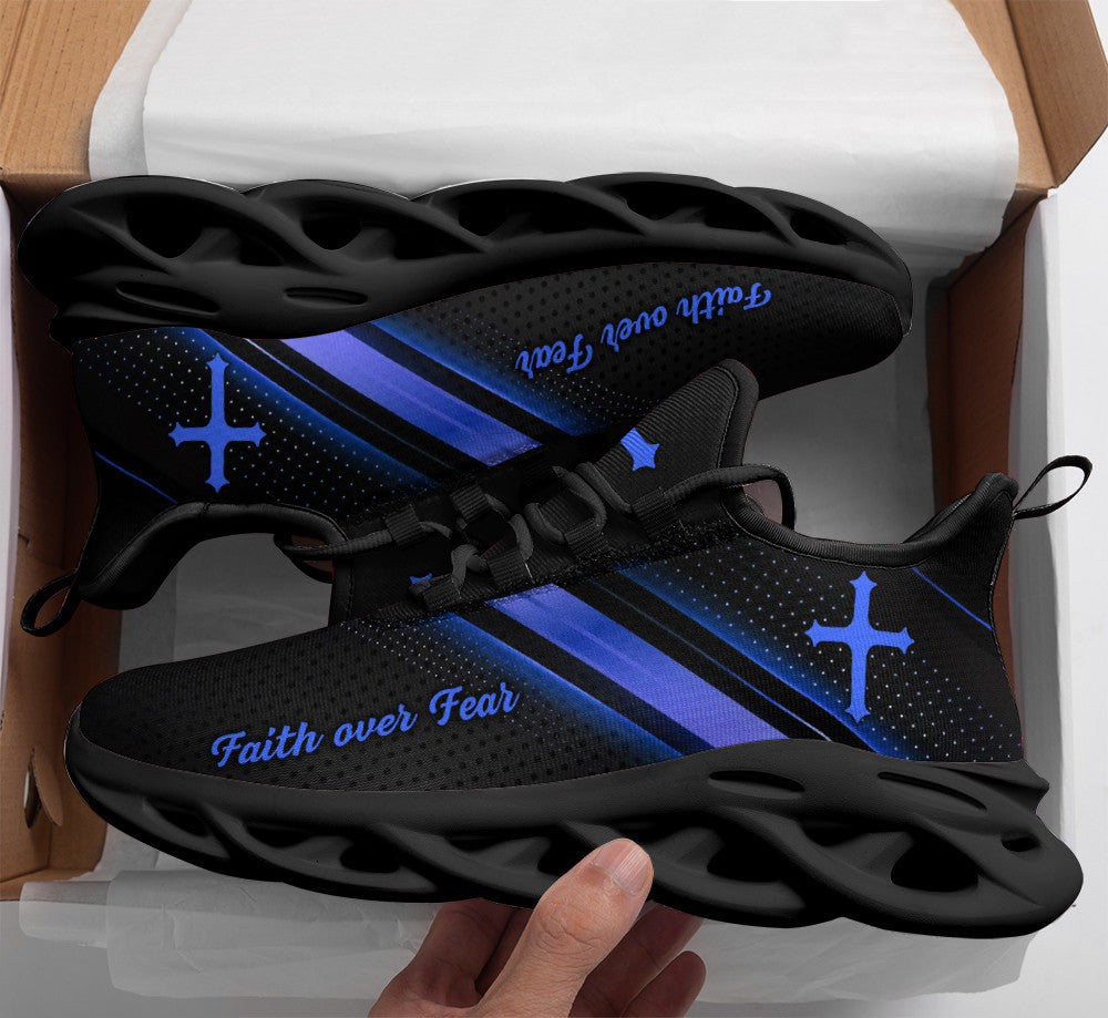 Jesus Black Blue Faith Over Fear Yezy Running Sneakers Max Soul Shoes - Christian Shoes For Men And Women