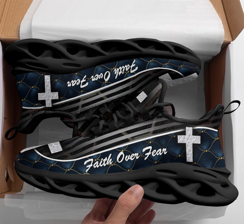 Jesus Black Faith Over Fear Yezy Running Sneakers Max Soul Shoes - Christian Shoes For Men And Women
