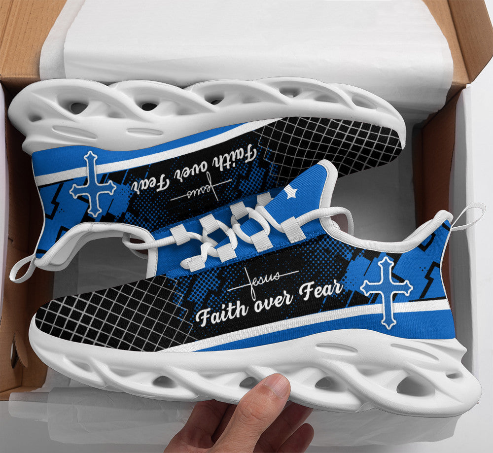 Jesus Blue Faith Over Fear Yezy Running Sneakers Max Soul Shoes - Christian Shoes For Men And Women