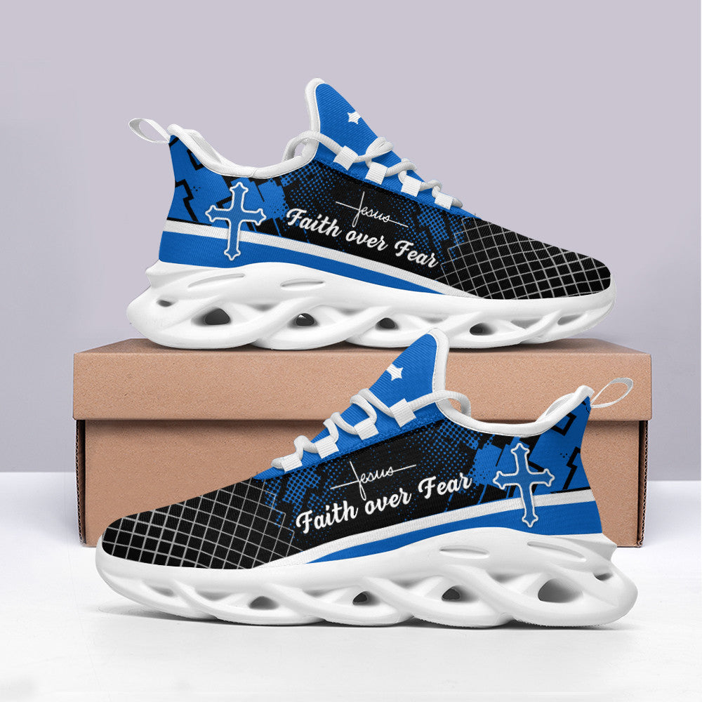Jesus Blue Faith Over Fear Yezy Running Sneakers Max Soul Shoes - Christian Shoes For Men And Women