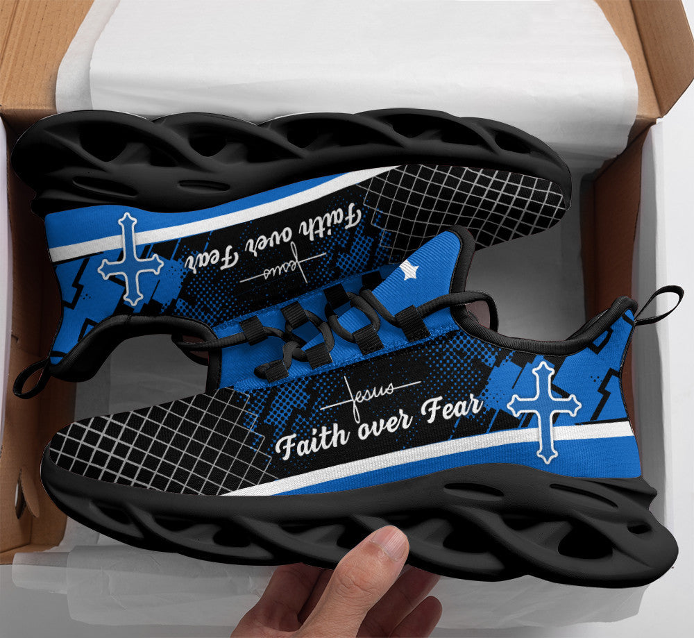 Jesus Blue Faith Over Fear Yezy Running Sneakers Max Soul Shoes - Christian Shoes For Men And Women