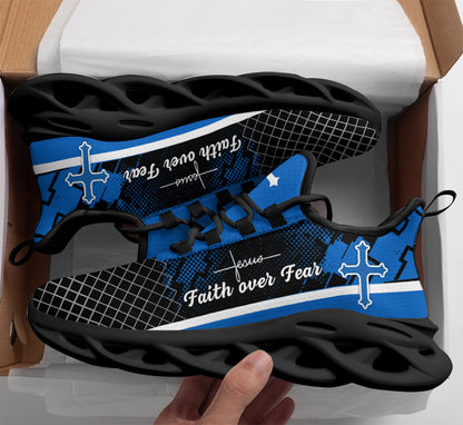 Jesus Blue Faith Over Fear Yezy Running Sneakers Max Soul Shoes - Christian Shoes For Men And Women