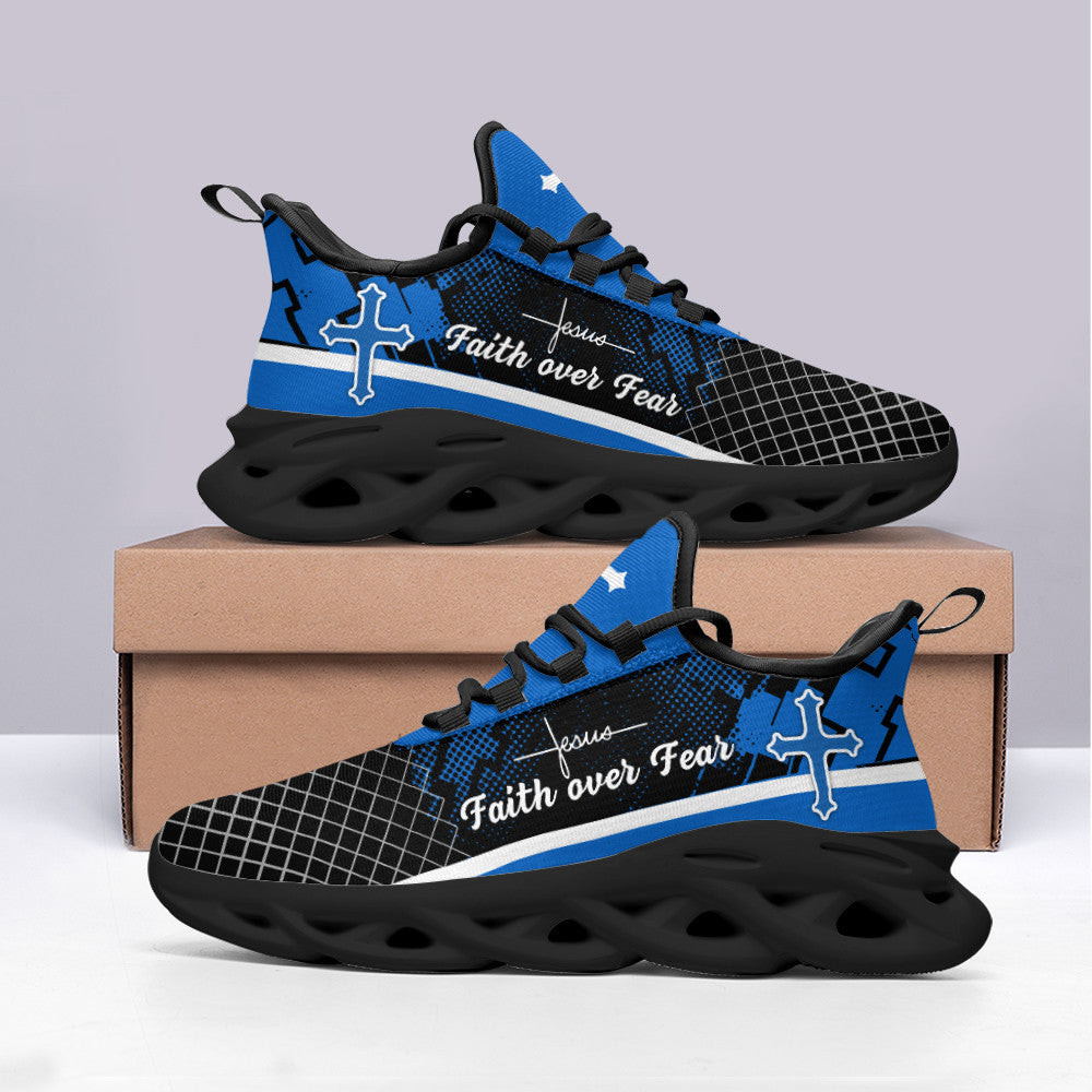 Jesus Blue Faith Over Fear Yezy Running Sneakers Max Soul Shoes - Christian Shoes For Men And Women