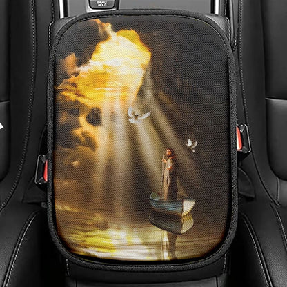 Jesus, Boat, Dove, Light From Heaven Car Center Console Cover, Christian Armrest Seat Cover, Bible Seat Box Cover