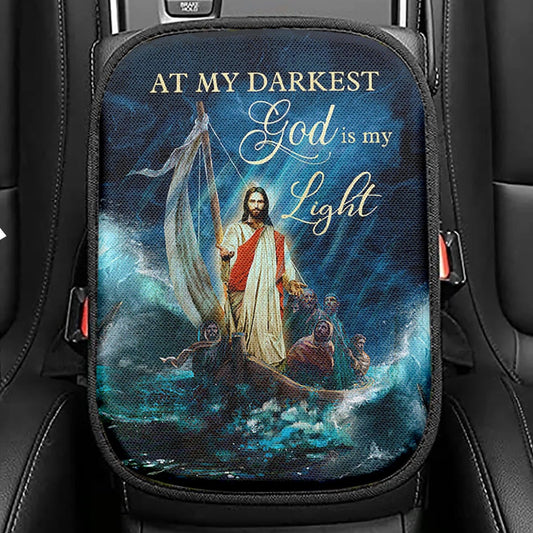 Jesus Calming The Storm Seat Box Cover, At My Darkest God Is My Light Car Center Console Cover, Jesus Portrait Car Interior Accessories