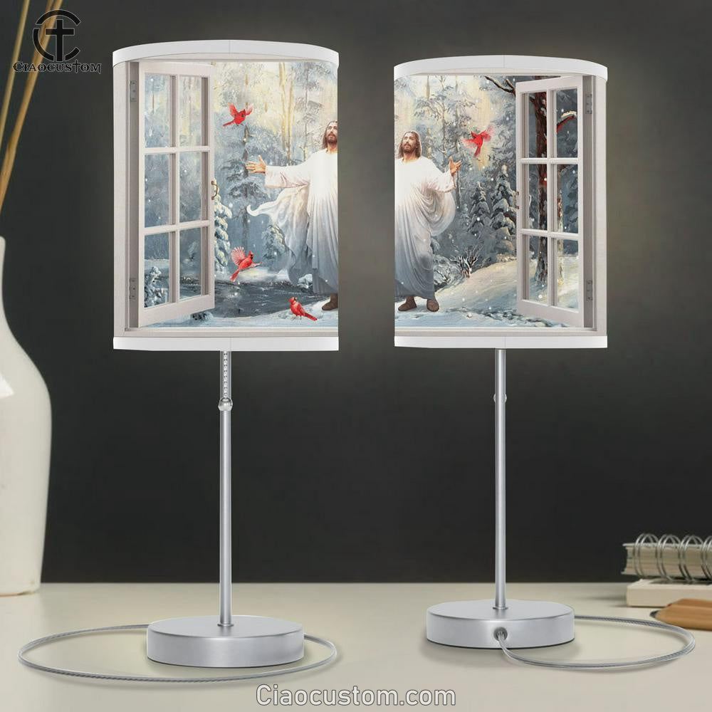 Jesus Cardinals Into The Winter Forrest Large Table Lamp - Christian Table Lamp Prints - Religious Table Lamp Art