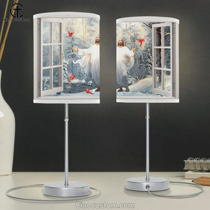 Jesus Cardinals Into The Winter Forrest Large Table Lamp - Christian Table Lamp Prints - Religious Table Lamp Art